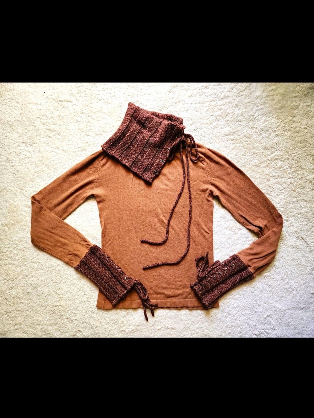 Buffalo Brown Knit Mock Neck Lace-Up Turtleneck Sweater Long Sleeve Size S
